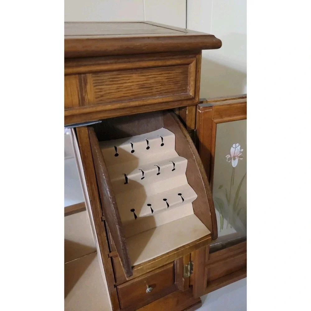Vtg Tall Jewelry Box With 6 Drawers Mirror Cabinet Hangers Ring & Earring Holder